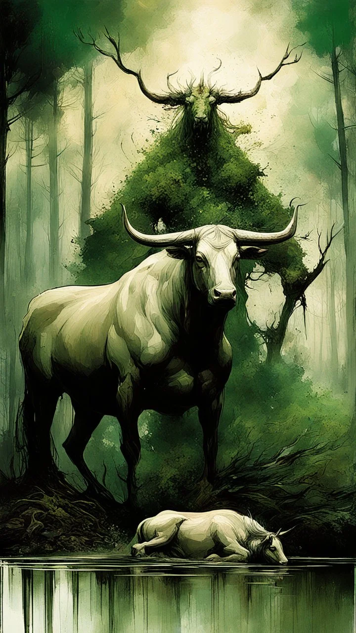 A bull or a horse with a wooden totem with spikes on it, in the middle of the forest. Opposite is a tree with a green-skinned man on it., by Ryohei Hase, Agnes Cecile, Raymond Swanland, Anne Bachelier