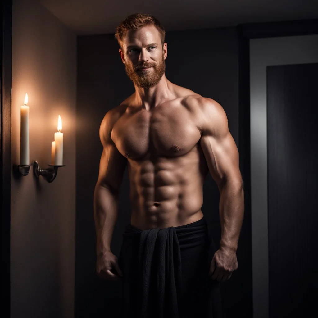 Hyper Realistic Photographic Long Shot View of A (french Beard) Manly Muscular Extremely Handsome Shirtless Ginger Man (Age 35 with Short Hair) Showing His Muscular Smooth Chest with a black towel, Standing & Giving a Light Bold Smile Seductively Against The Wall Inside His Bedroom With Ceiling Lights & Candles In Bedroom With Smoky Environment At Dark Night Showing Dramatic & Cinematic Ambiance.