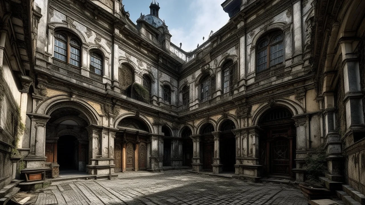 A wide, low-angle shot captures the desolate courtyard of a decaying, ornate building. The cobblestone ground is uneven and worn, leading towards a grand, dark wooden double door at the center of the far wall. Flanking the courtyard are two-story structures with arched doorways and windows, many of which are broken or boarded up. The architecture is classical, with columns and decorative moldings, but time and neglect have taken their toll, leaving crumbling facades and overgrown vegetation. The