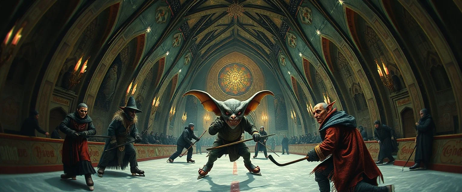 pin hole cam, master oil painting by Rembrandt, d&d glam rock and glitter vampire gremlin illithid and lich playing hockey in ice skating hall or church, in the style of giger and escher