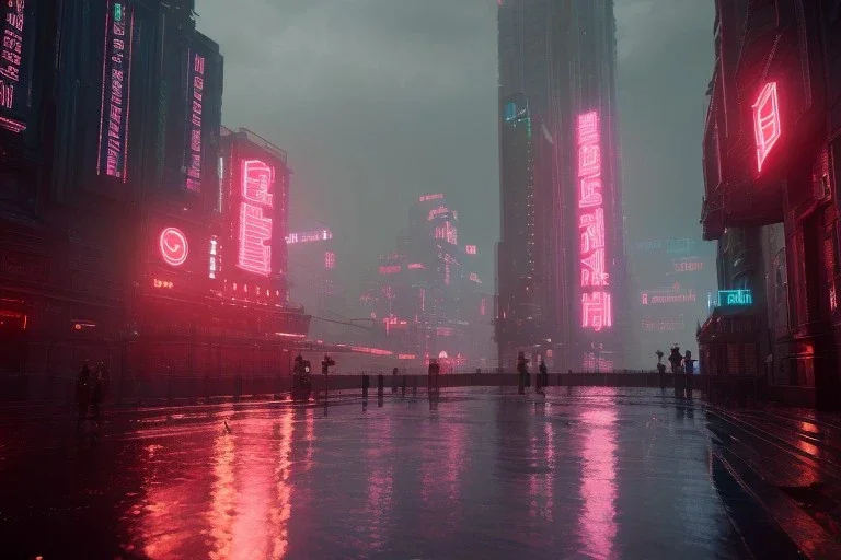 3D, beautiful, light reflecting, empty future city skyline at night, rainy night, neon, cyberpunk, tron, one cyborg walking, 8k, finely detailed, photo realistic