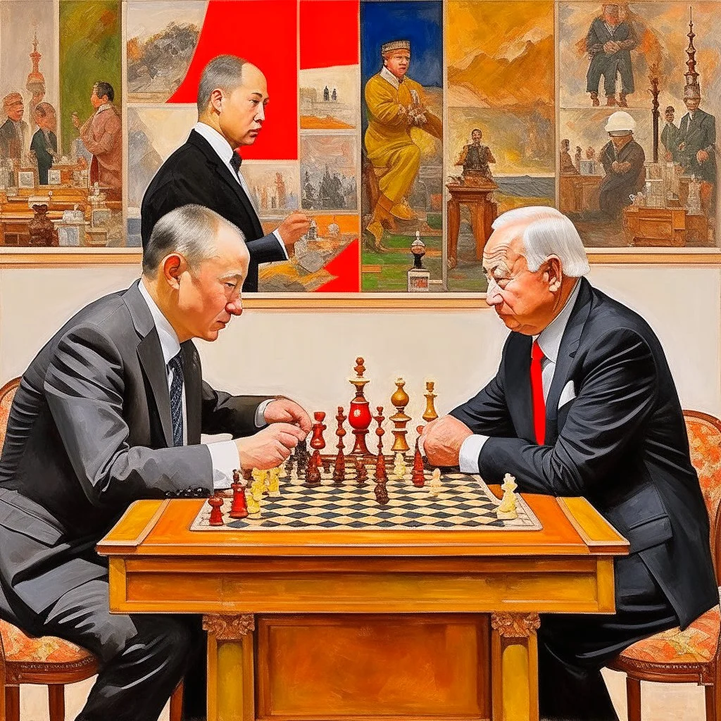 Putin, President Xi Of China And Joe Biden Play Chess With A Pigeon,Ufo And Atomic Bomb Mushroom Cloud,Complex Surgical Instruments Intermixed With A Newborn Boy,Minimalism,Painting By Adrian Ghenie,Rene Magritte,Pablo Picasso,Michelangelo,Salvador Dali,Lucian Freud