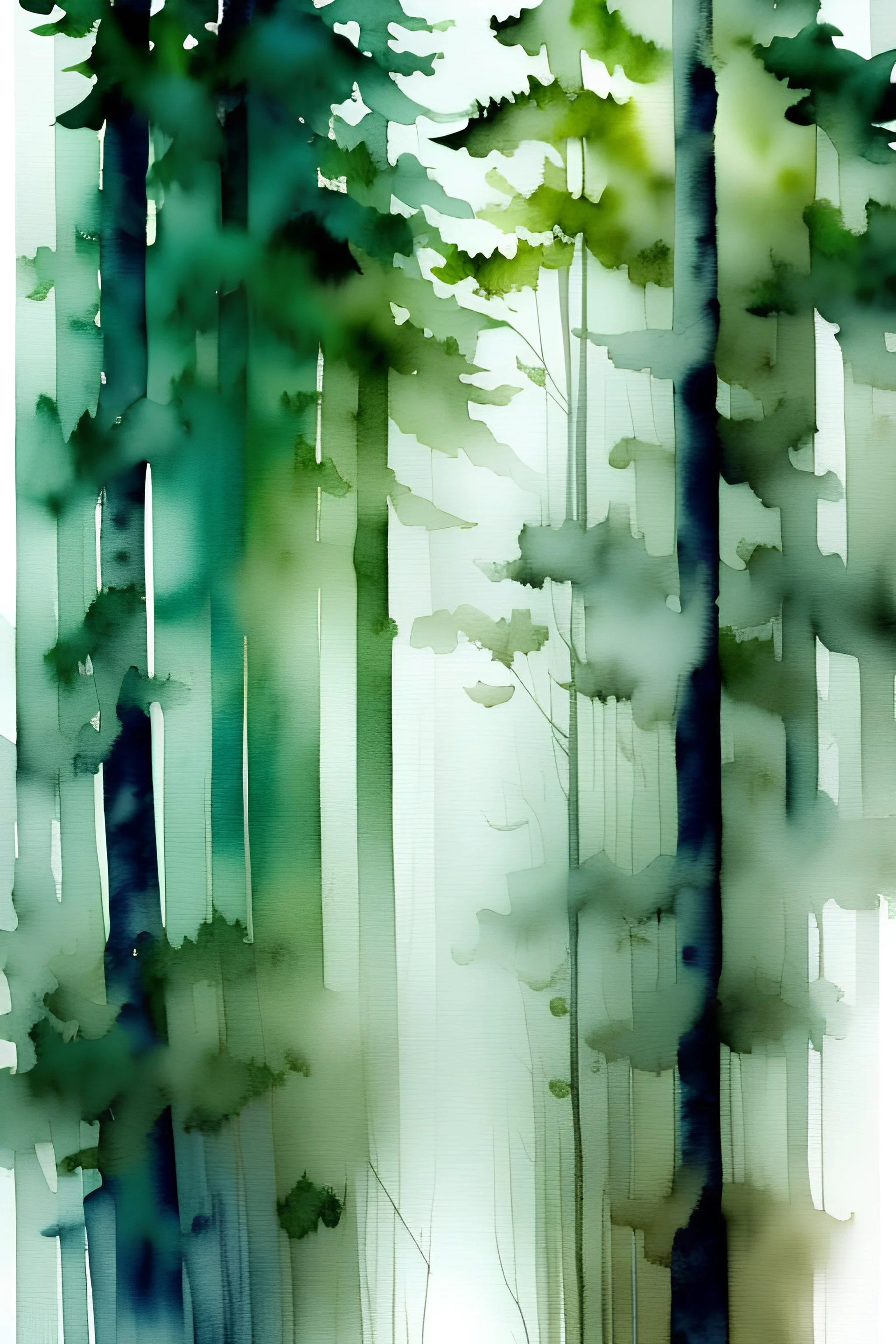 Watercolor, abstract, impressionist, not much detail patterns: Immerse yourself in the mystique of a foggy forest, where soft grays and greens create an abstract and enchanting representation of the natural world.