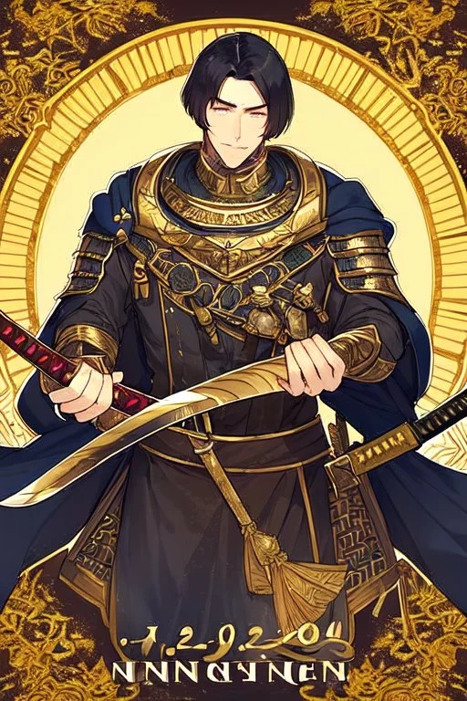 A handsome 30 year old knight, black hair, male bob haircut, in black-and-gold plate armor, golden katana in both hands, no beard, european