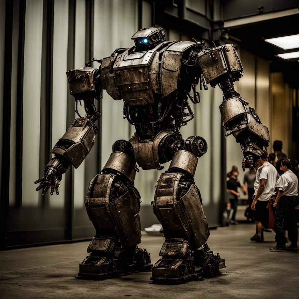 trash mech suit, human-sized, made of scrap metal, small,