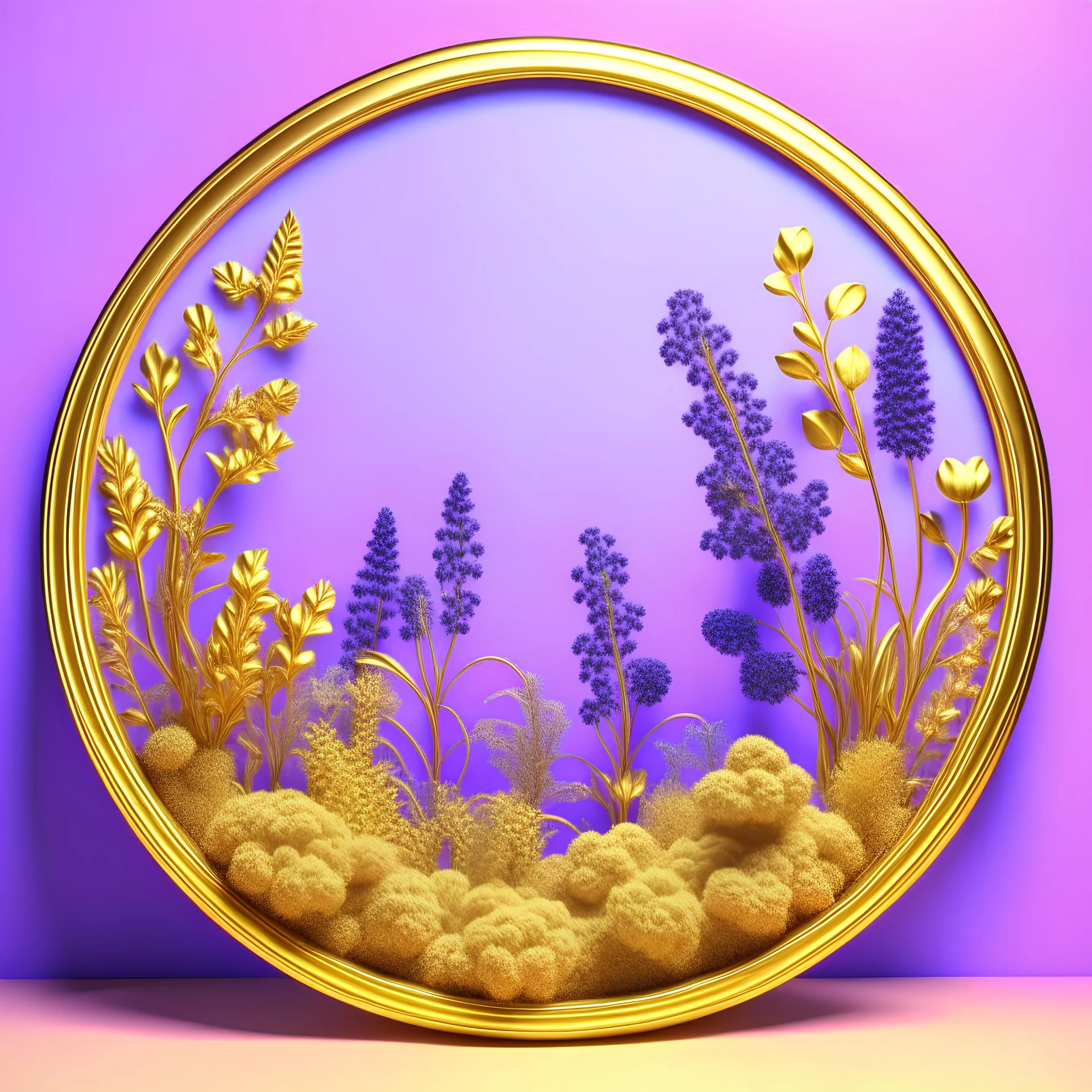 a photo of plants in a small circular frame, in the style of dreamlike illustration, light violet and light bronze, realism with surrealistic elements, light sky-blue and light gold, mirror, nostalgic realism, romantic illustration