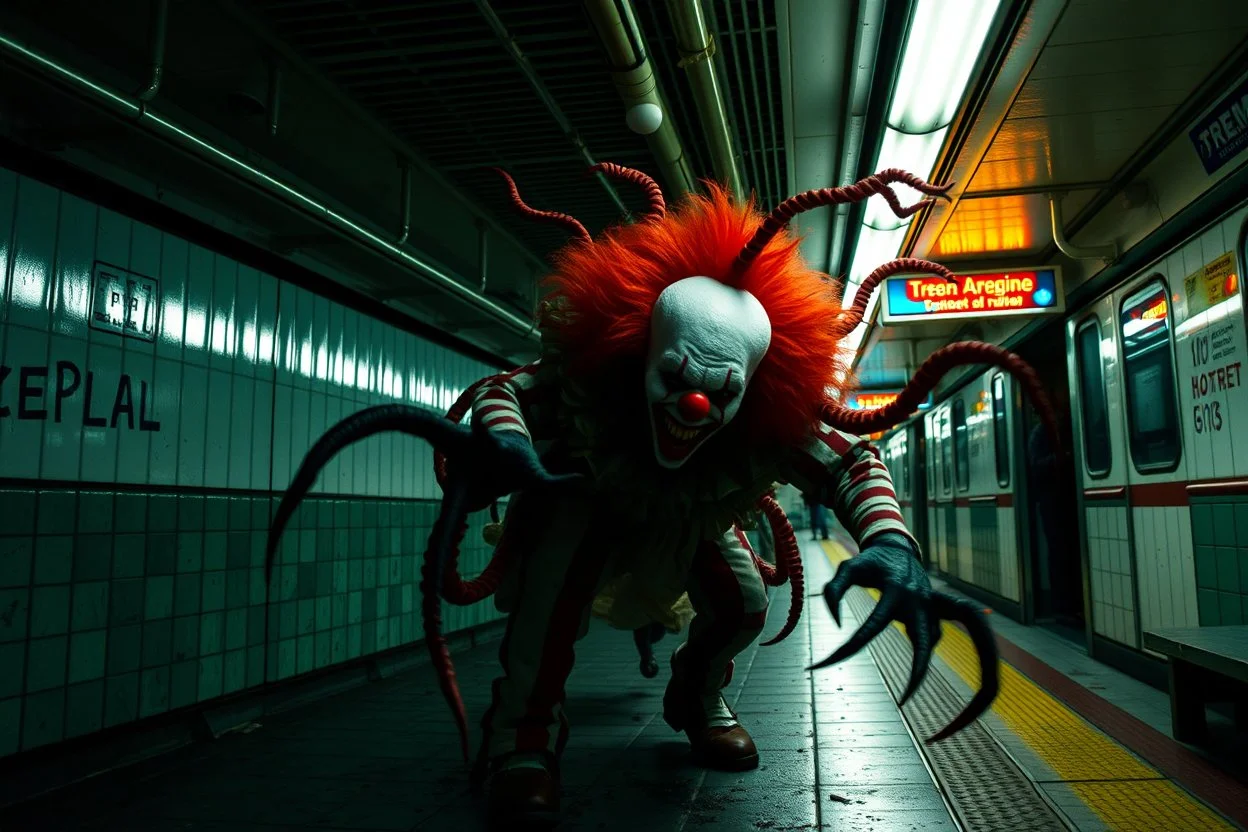 Horror Movie scene of a Clown centipede monster in the subway station, scary