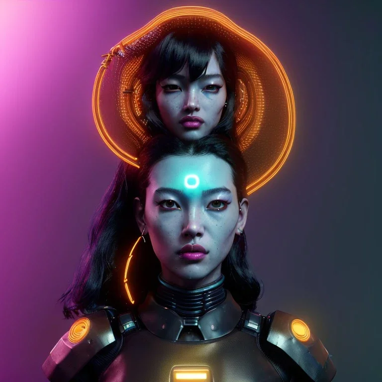 Pretty cyber woman, black hair, sci-fi, rounded face, black, gold, brown, samurai style, retro, simetric, neon style, a lot of led lights, fog, rain, leather, vibrant color, highly detailed, art stations, concept art, smooth, unreal engine 5, god rays, ray tracing, RTX, lumen lighting, ultra detail, volumetric lighting, 3d, finely drawn, high definition, high resolution.