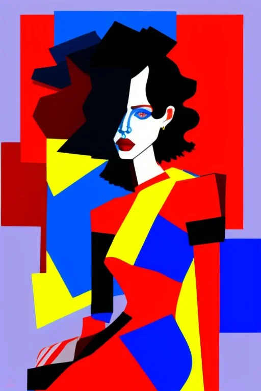 whimsical arafed nonsense stylized abstract portrait of a woman with dark bob hair, seated with arms crossed, (((exaggerated body parts))), (((oversize head))), in vibrant red dress and blue accents around wrists, background is blend of bold yellow and black patchwork vibe, rainy whimsical afternoon, sharp color contrasts, amazing shadows, minimal cozy, color leak, heavily distorted views, amazing parallels