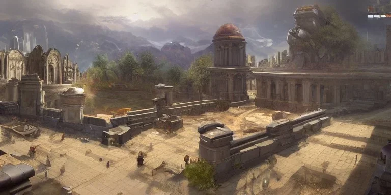 video game level design, sci-fi, latin architecture, 3d environment, concept art, cinematic