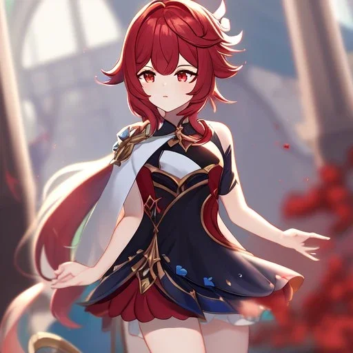 Clear focus,High resolution,8k, Beatiful Lighting, crimson short fluffy hair, long fluffy bangs, red eyes, wearing a genshin outfit, must be wearing a short skirt, outfit pic, teenager