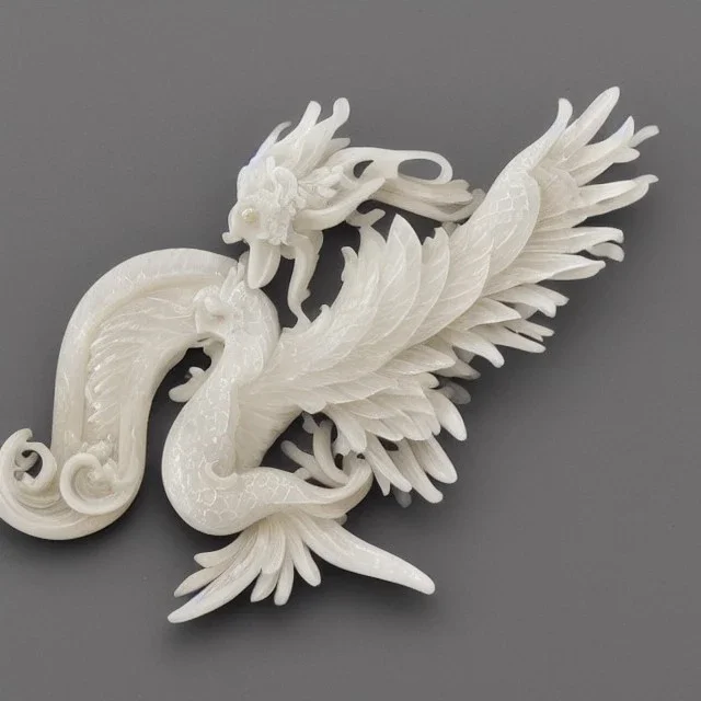 ivory brooch of a chinese phoenix, opalescent marble carving, decorative design, classical ornament, highly ornate, highly intricate, highly detailed etching, marble carving, warm lighting, linen backdrop