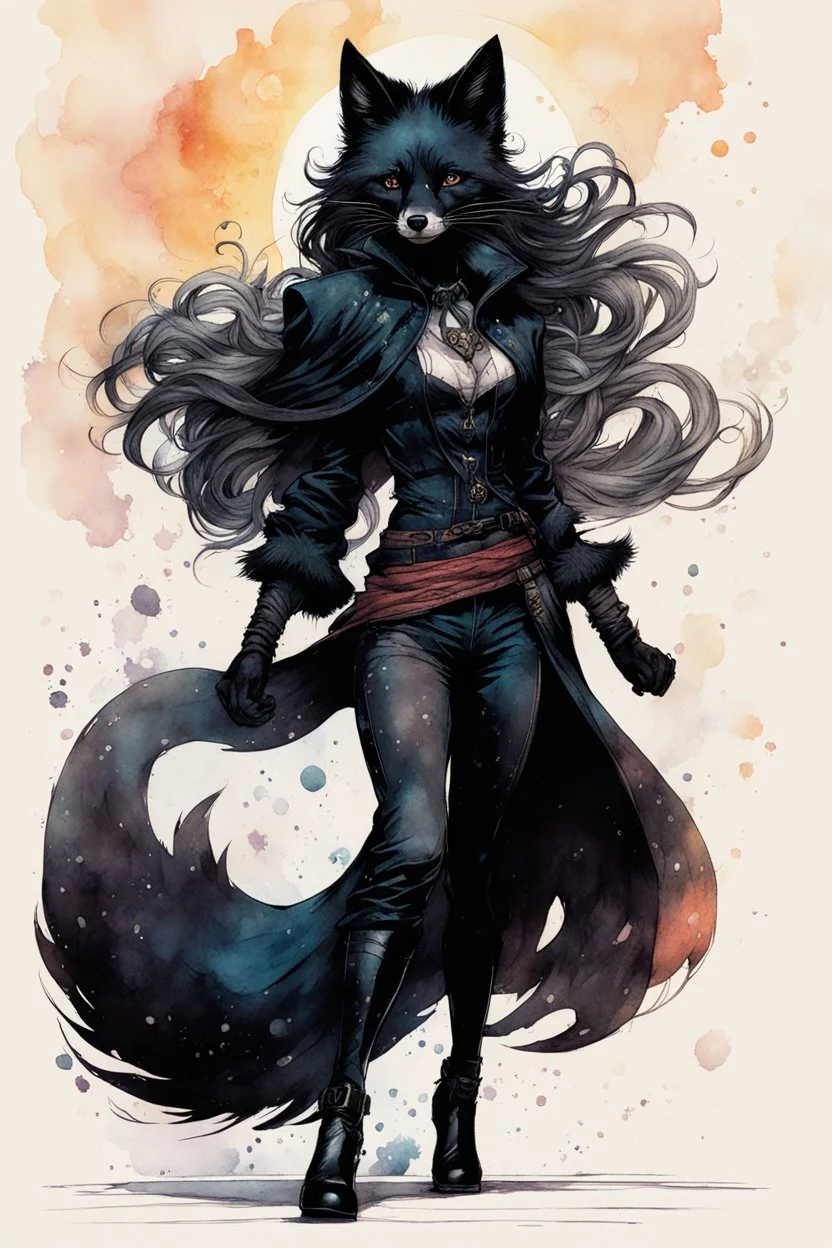 ink wash and watercolor full body concept illustration of an anthropomorphic, fanciful Black Fox thief girl character with wildly flowing hair, ornately dressed with highly detailed feathers and facial features in the comic book style of Bill Sienkiewicz and Jean Giraud Moebius, with a fine art aesthetic, highly detailed , boldly inked, 4k UHD cinegraphic quality