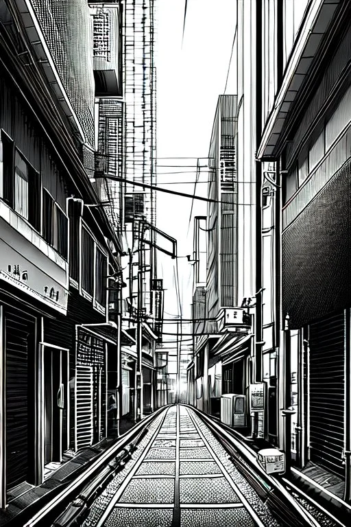 Tokyo alley, line arts, greyscale