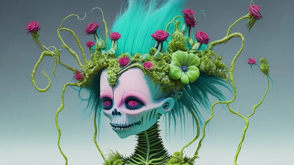 Partially skeletonized troll doll in ceremonial dress for getting married with plants growing from the top of her head; Alex Pardee; surrealism