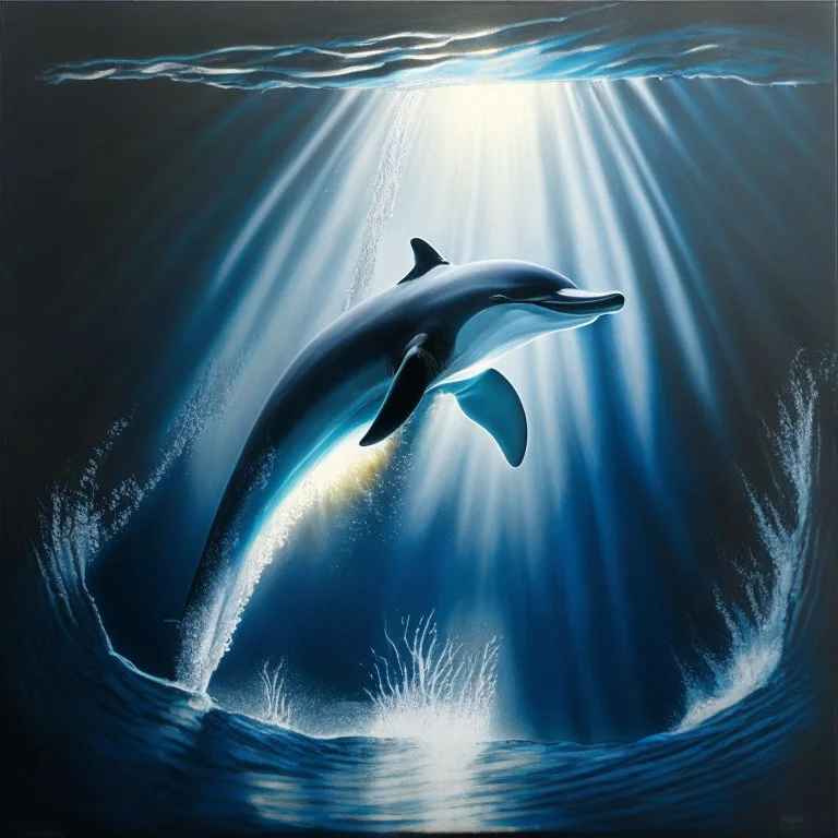 A dramatic, chiaroscuro-style acrylic painting of a powerful dolphin hunting its prey in the depths of the ocean, with stark contrasts between light and shadow to emphasize the intensity and raw beauty of the scene