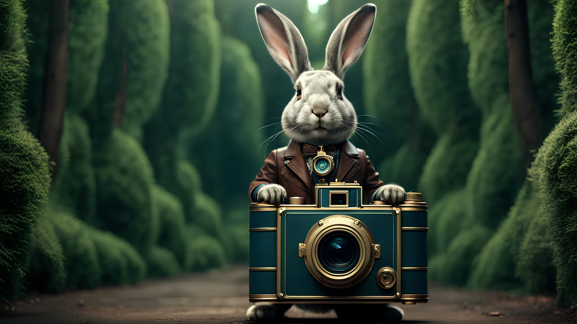 High-end hyperrealism epic rabbit hero holding a steampunk camera, Steampunk-inspired cinematic photography, symmetry forest alley background, Aesthetic combination of metallic sage green and titanium blue, Vintage style with brown pure leather accents, Art Nouveau visuals with Octane Render 3D tech, Ultra-High-Definition (UHD) cinematic character rendering, Detailed close-ups capturing intricate beauty, Aim for hyper-detailed 8K