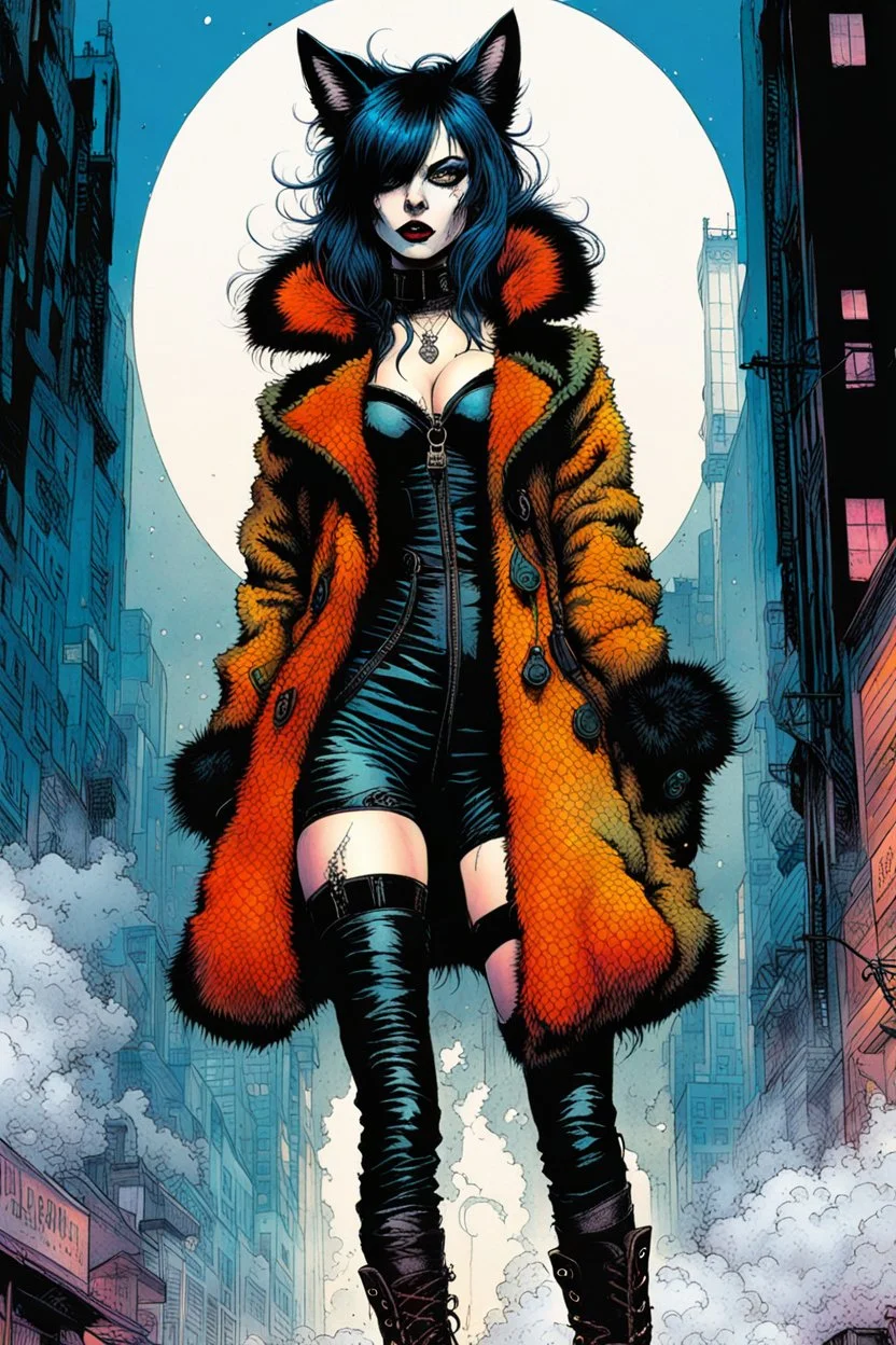 Create a fine art print , full body illustration of an epic fantasy Gothpunk Girl , with finely lined and detailed facial features, in a ragged fox fur coat, fishnet stockings ,battered combat boots, , in the comic book style of Bill Sienkiewicz, Philippe Druillet, and Jean Giraud Moebius, precisely drawn, colored and inked