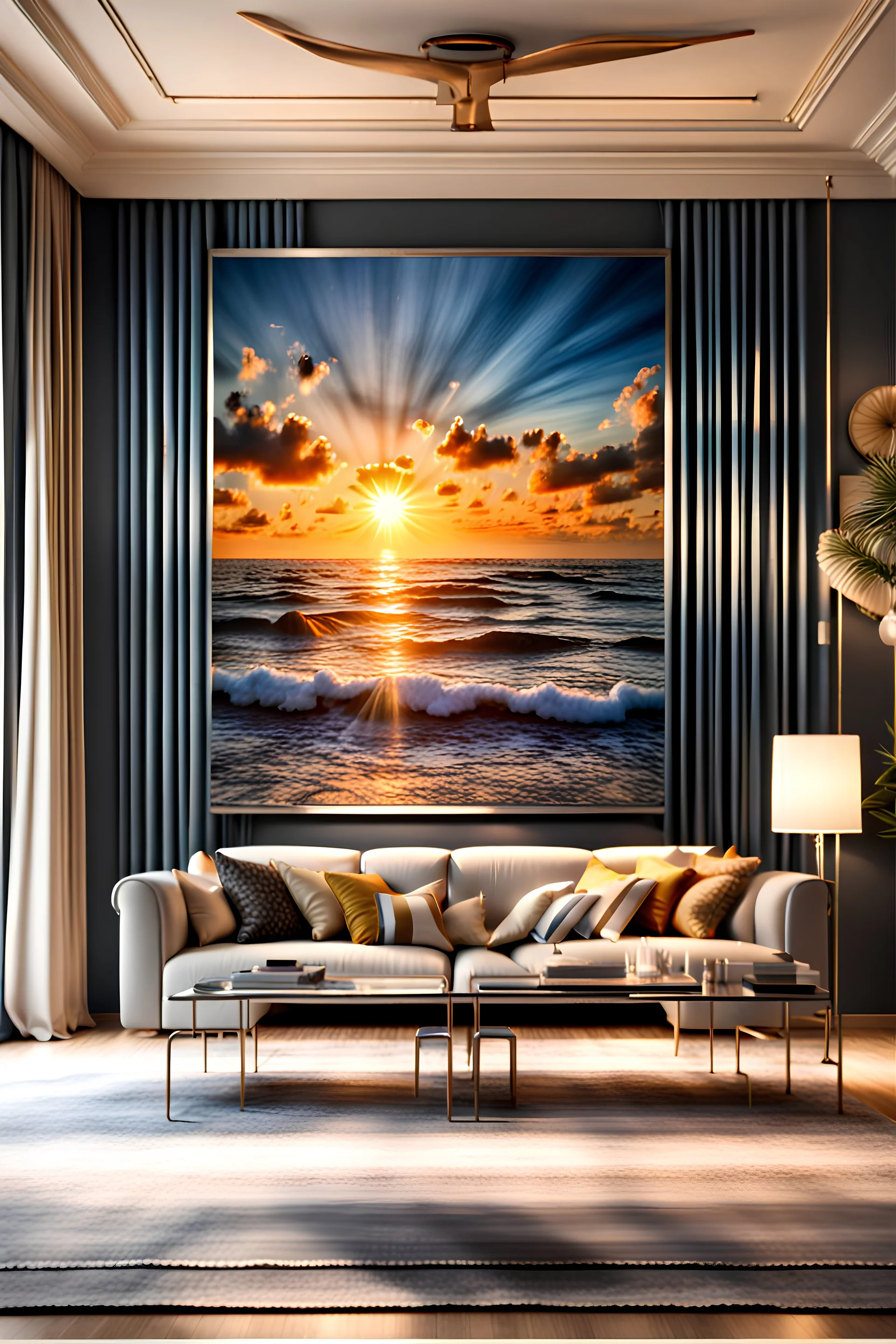 Ocean sunset, cinematic, trompe l'oeil metal print mural in a living room, hand made, haute couture handles for residential interior