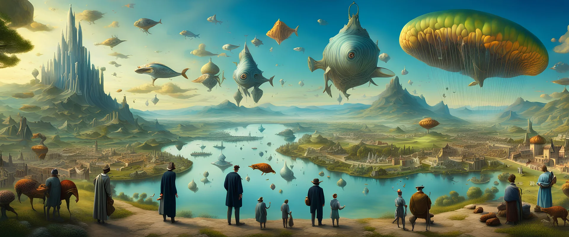 Salvador Dali and Hieronymus Bosch talking to each other at an outdoor surrealist market. A herd of dream-like sky-fish swim high in the far distant sky, with a beautiful surreal outdoor countryside summer scene with hills, waterfalls, and an intricate fractal sky, very high detail, photorealistic, epic cinematic, 8K, Large depth of field