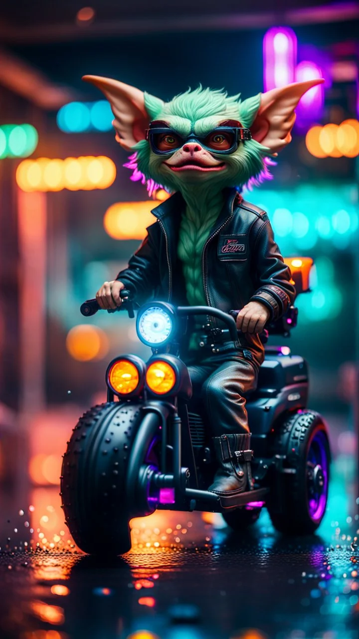 portrait of water wolf Gremlin myth buster pimp ninja yoga cyber punk in flying hipster lawn Harley Davidson tractor parked in dark neon lit reflective wet arcade hall tunnel,bokeh like f/0.8, tilt-shift lens 8k, high detail, smooth render, down-light, unreal engine, prize winning