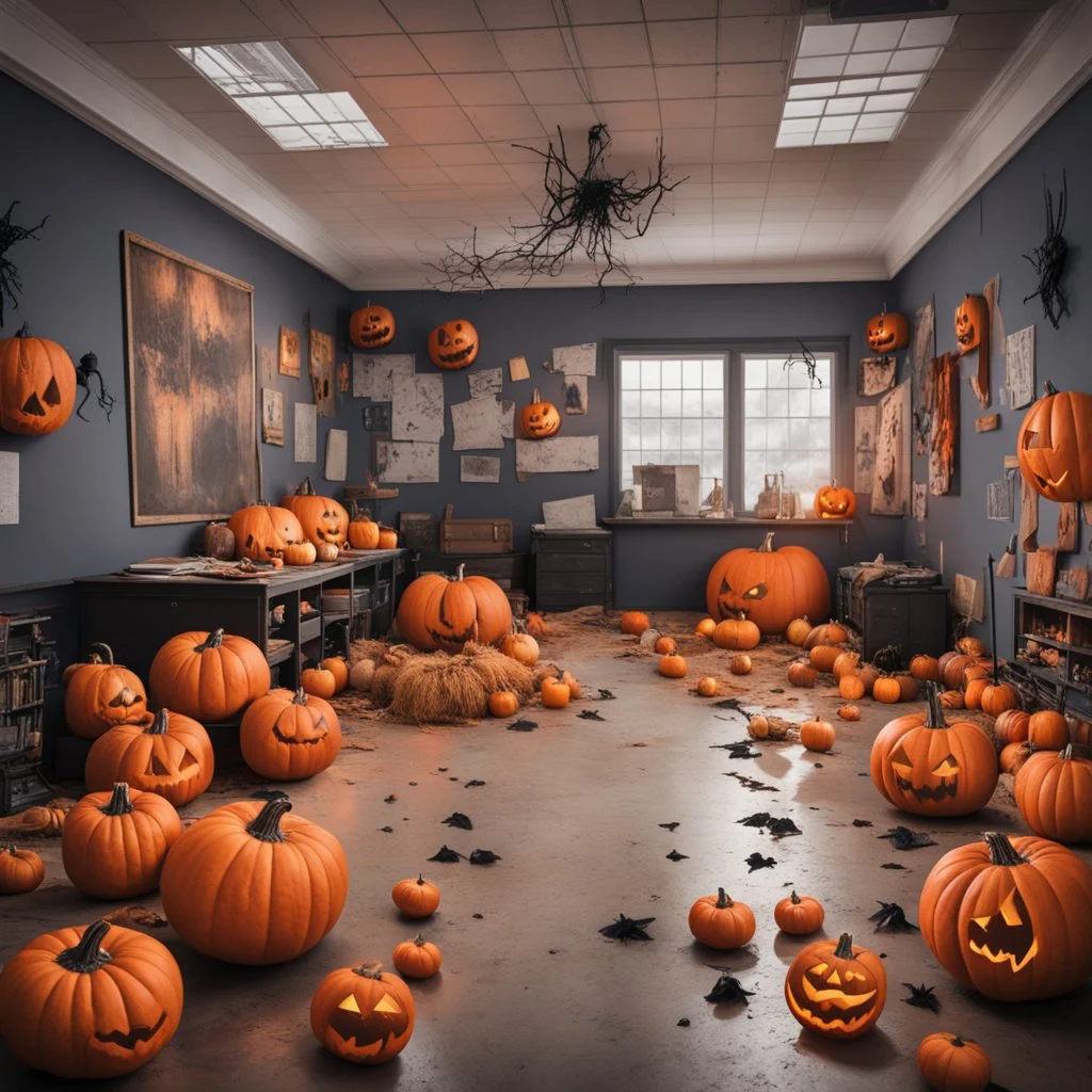 A scary Halloween room at school with nasty pumpkins and everything that belongs to Halloween