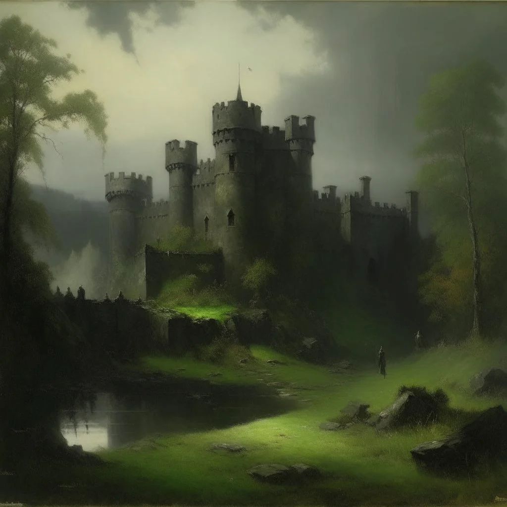 A black haunted castle filled with spirits painted by George Inness