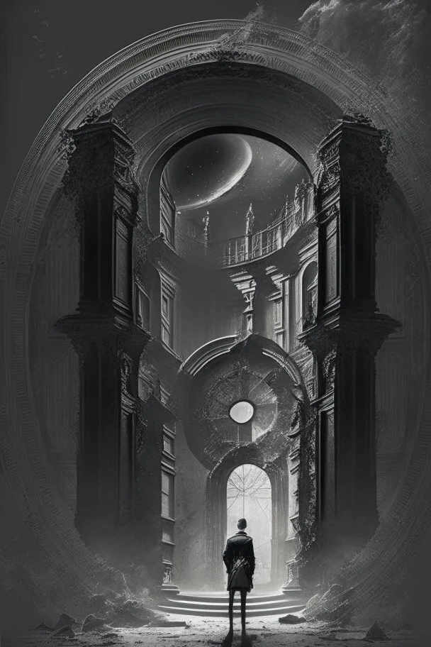 A palace in the form of a time portal, a man black colour