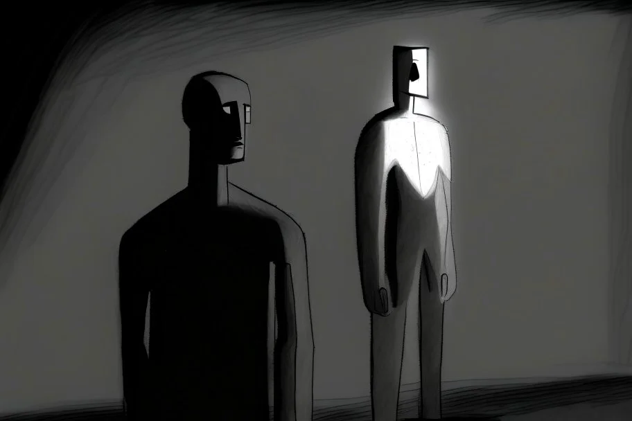 monochrome, cardboard figure on the left of the picture, stocky human figure with a head tilted to the left, almost no neck, no face or hair, schematic drawing, against a dark grey background with a symmetrical pattern, a lighter grey, almost monochrome, in moonlight, crayon drawing in shades of grey and black, ethereal, cinematic postprocessing