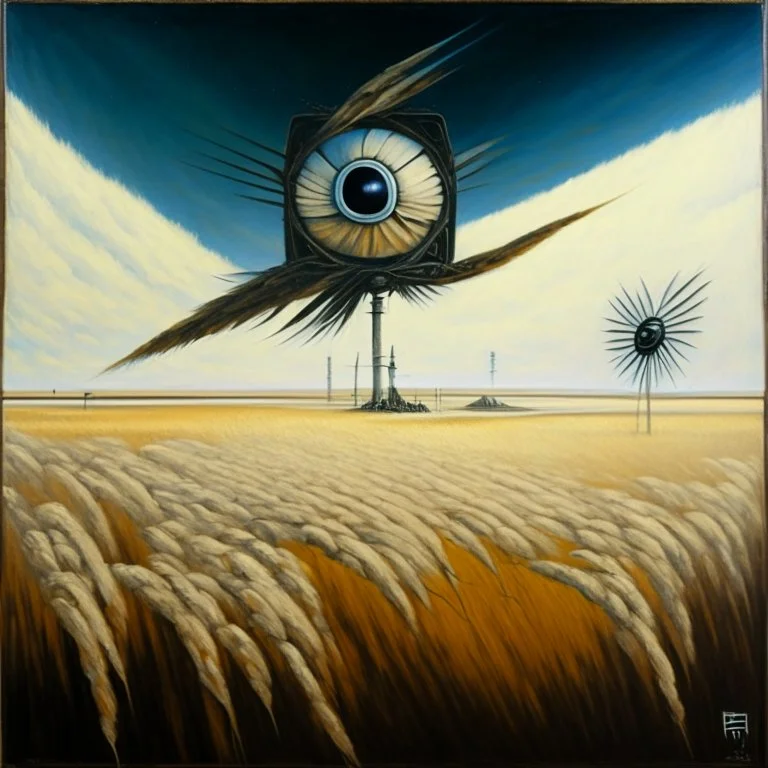 High concept art, dramatic reality failing landscape, traditional Japanese shodo oil painting on silk, in empty waving wheat field an astronaut with a screen for a head broadcasting a picture of a giant eyeball, fantastical organic windmills with blades of condor wings, sinister, concept art, oddball masterpiece, sfumato, complex contrast