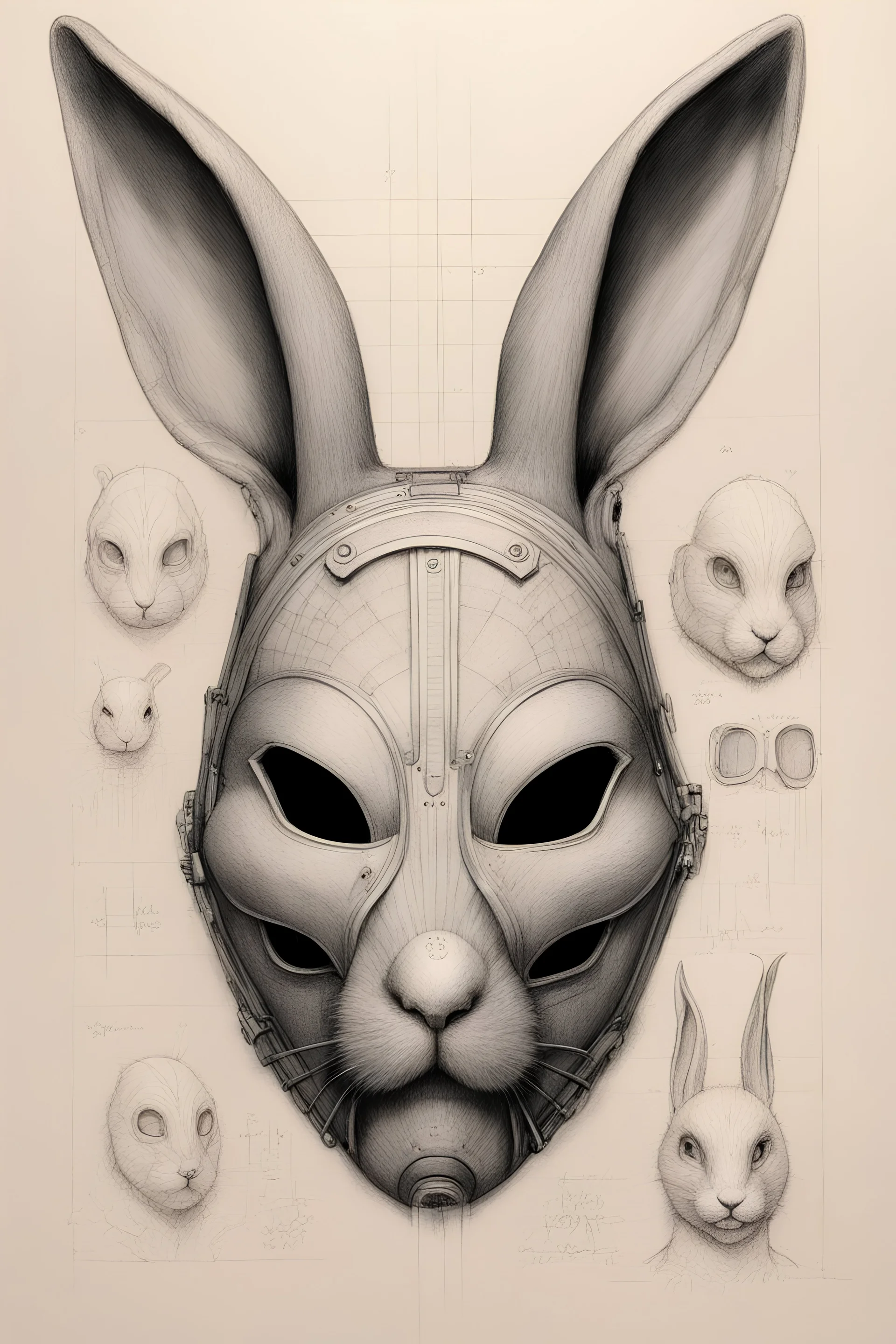 Hand drawn, art by Wayne Reynolds rabbit mask, detailed drawings, cross section, concept sheet sketch, 8k