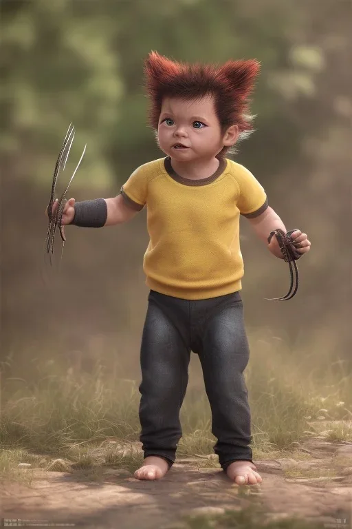 Wolverine toddler, full body, bokeh, hyper realistic