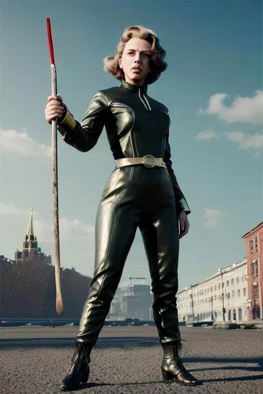 retro portrait image from 1960, Moscow background, wind, long hair, fighting stance, sweet young Scarlett Johansson, classic black tight lycra suit, metal stick weapon, gold bracelet and belt, high heel boots, soft color, highly detailed, unreal engine 5, ray tracing, RTX, lumen lighting, ultra detail, volumetric lighting, 3d, finely drawn, high definition, high resolution.