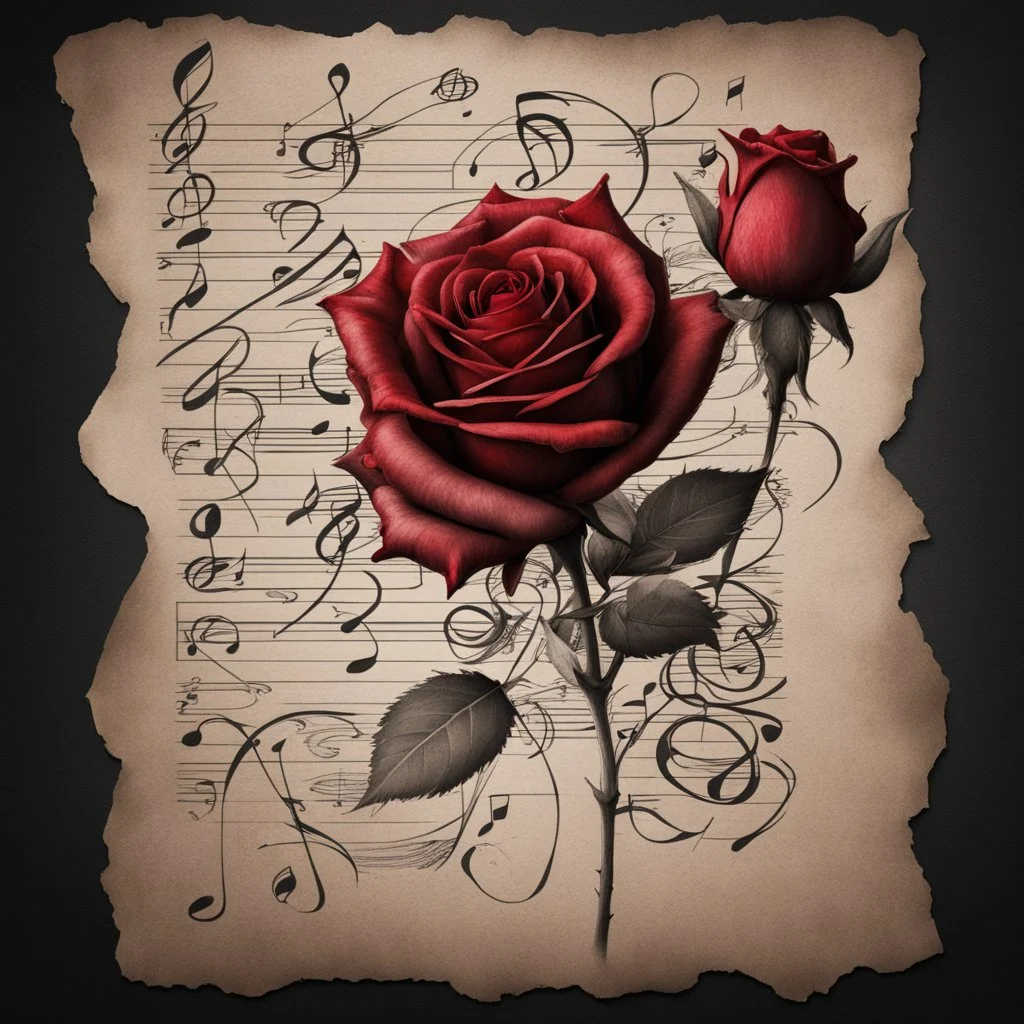 Hyper realistic sketch of a red rose & musical notes on a vintage paper on side with dark background