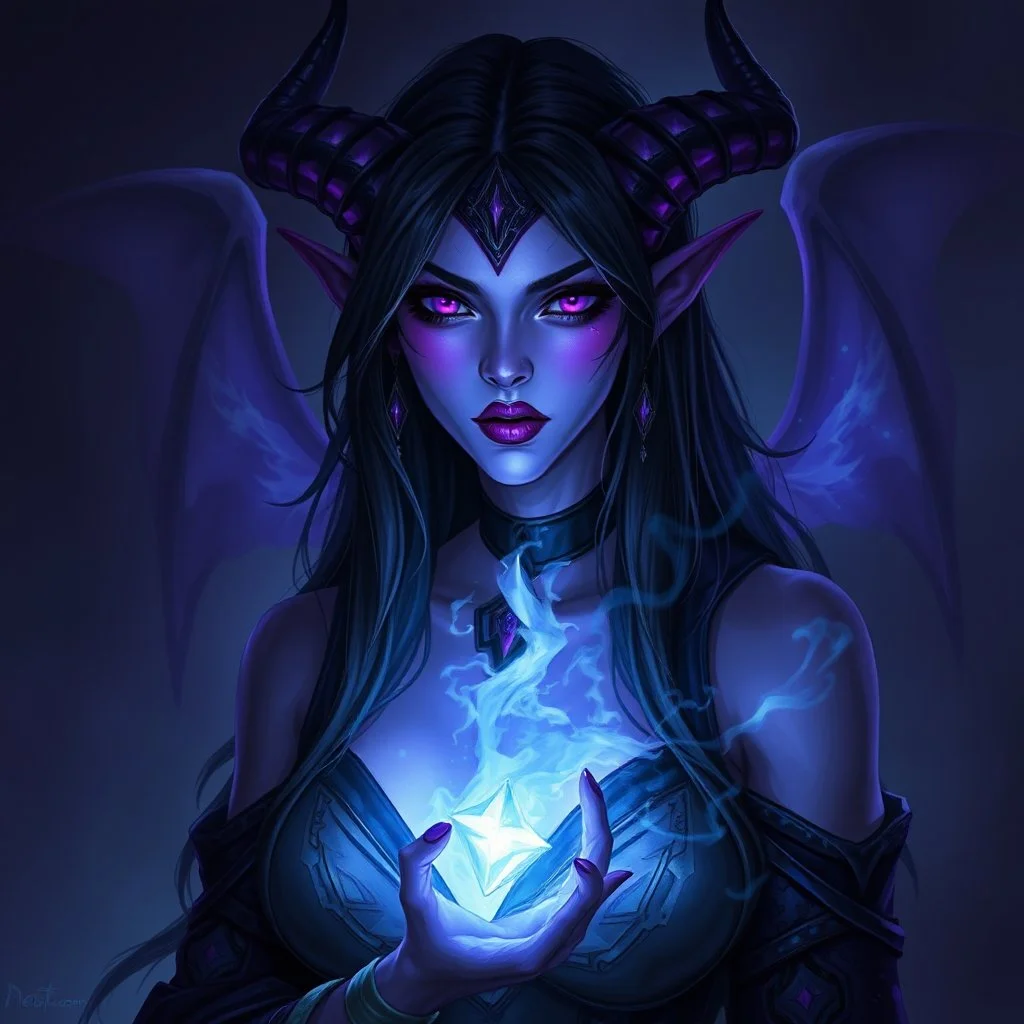drow elf woman, sorceress, enchantress, dark hair, purple skin, demonic, digital art, dark fantasy