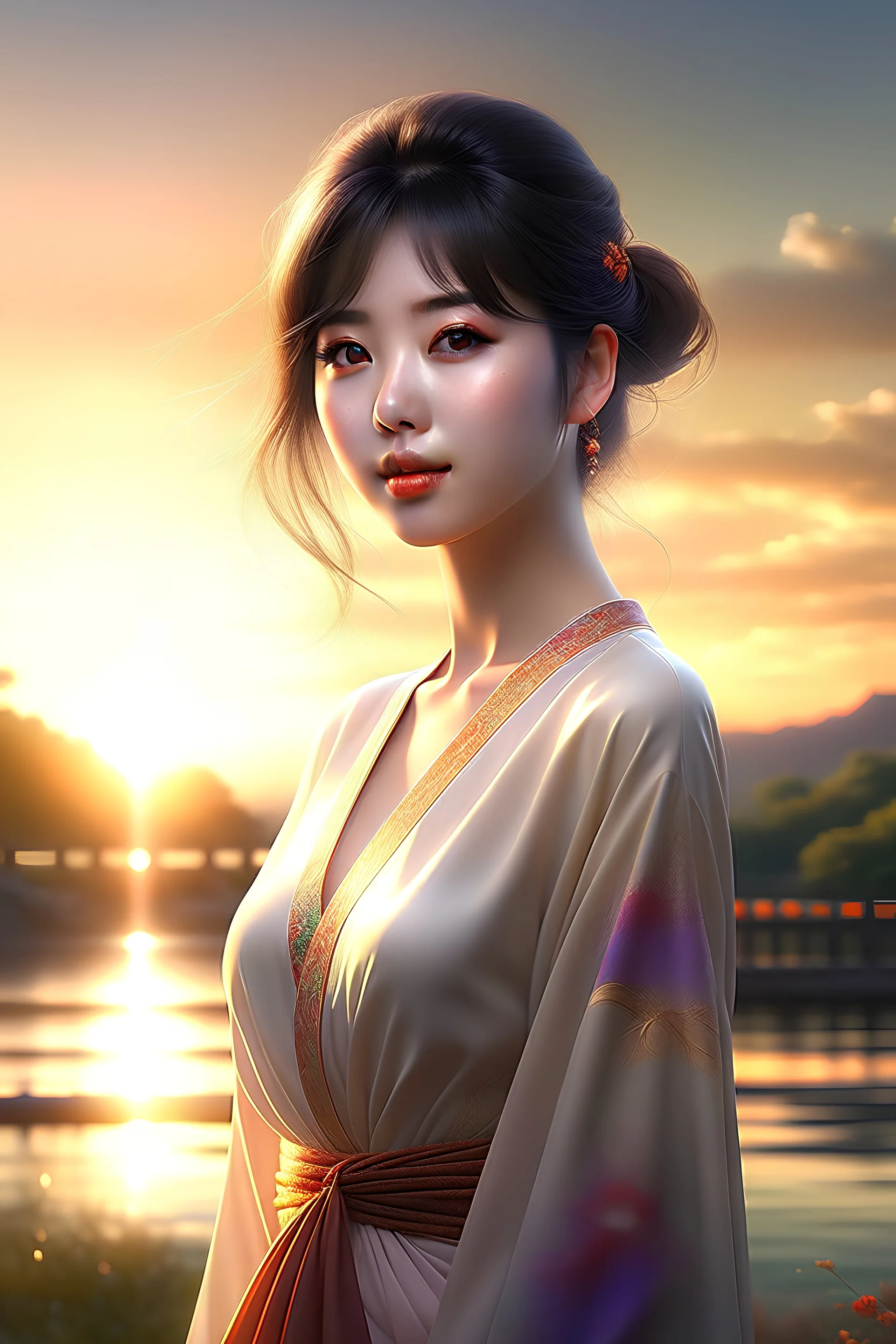 Digital art, high quality, digital masterpiece, natural illumination, spotlight, sunset, realistic, film style, beautiful, (full body:3), (1 beautiful young Japanese standing, wearing atractive dress:3), (cute femenine face:1.8), (sexy eyes:1.6), (playful smile:1.4),(pale skin, smooth skin, fair skin),(atractive dress), (dark brown hair:1.8), (Lake at background:2)