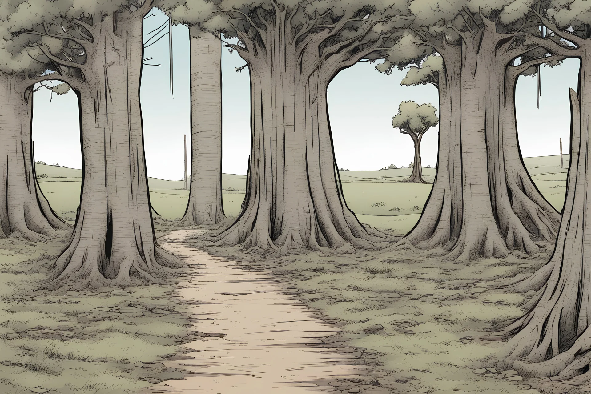 tree,, post-apocalypse, front view, foot path, , comic book, cartoon