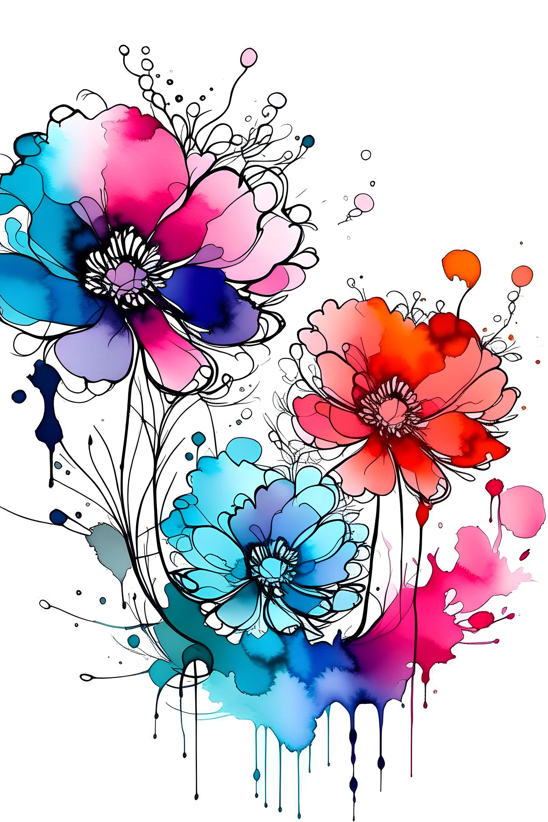 flowers, Water stains for coloring, depth, water color splotches, negative space , no outlines, no lines , white background, reverse coloring book