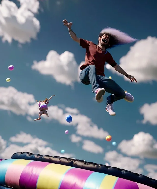 Ultra realistic clouds sky scene, wide angle, sweet childs falling down, man playing guitar, inflatable color clothing, free jumping flying, many trinkets, monster hair, hair monster, many jelly beans, balls, smile, happy, circus style, extreme, wind, clouds sea, 20,000 feet altitude, stratosphere, soft color, highly detailed, unreal engine 5, ray tracing, RTX, lumen lighting, ultra detail, volumetric lighting, 3d, finely drawn, high definition, high resolution.