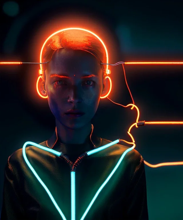 Ultra realistic photographic night portrait, cinematic, <blonde woman> <hanging wires> many wires coming out of the head <perfect pupil> <cyborg arm> <garage> <wide angle Shot> <sci-fi futuristic> <thriller>, neon lights, color fog, soft color, highly detailed, unreal engine 5, ray tracing, RTX, lumen lighting, ultra detail, volumetric lighting, high definition.