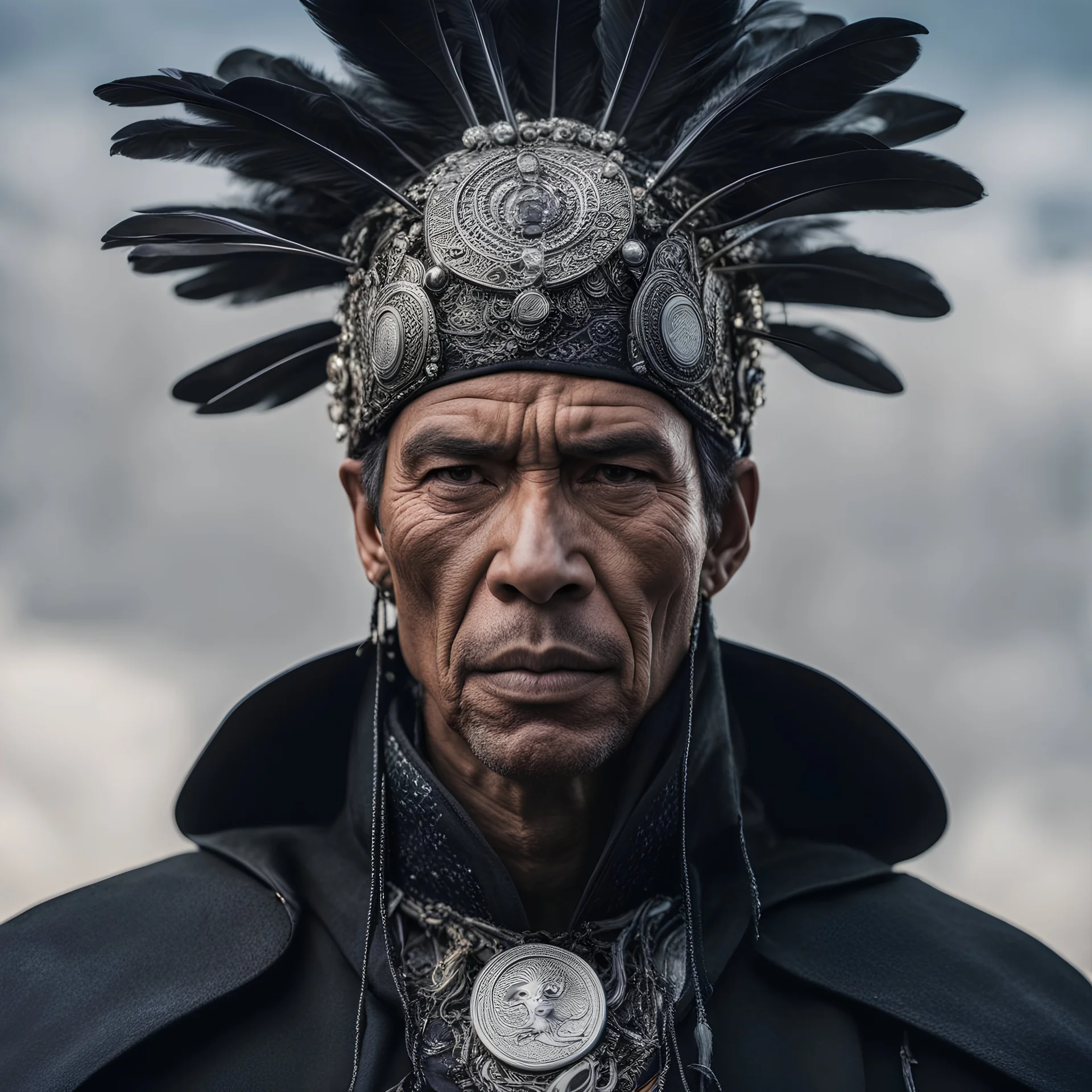 Highly detailed photo of a tribal man adorned with a feather headdress and a black cape. The man is portrayed in a Jean Giraud style, with influences from artists Adam Paquette, Ruan Jia, and Joao Ruas. The setting showcases a ceremonial atmosphere, with the man looking to his right. The photo captures the intricate tribal painting on his face and presents a powerful visual narrative. The resolution of the image is 4K, and it is a masterpiece featured on Artstation.