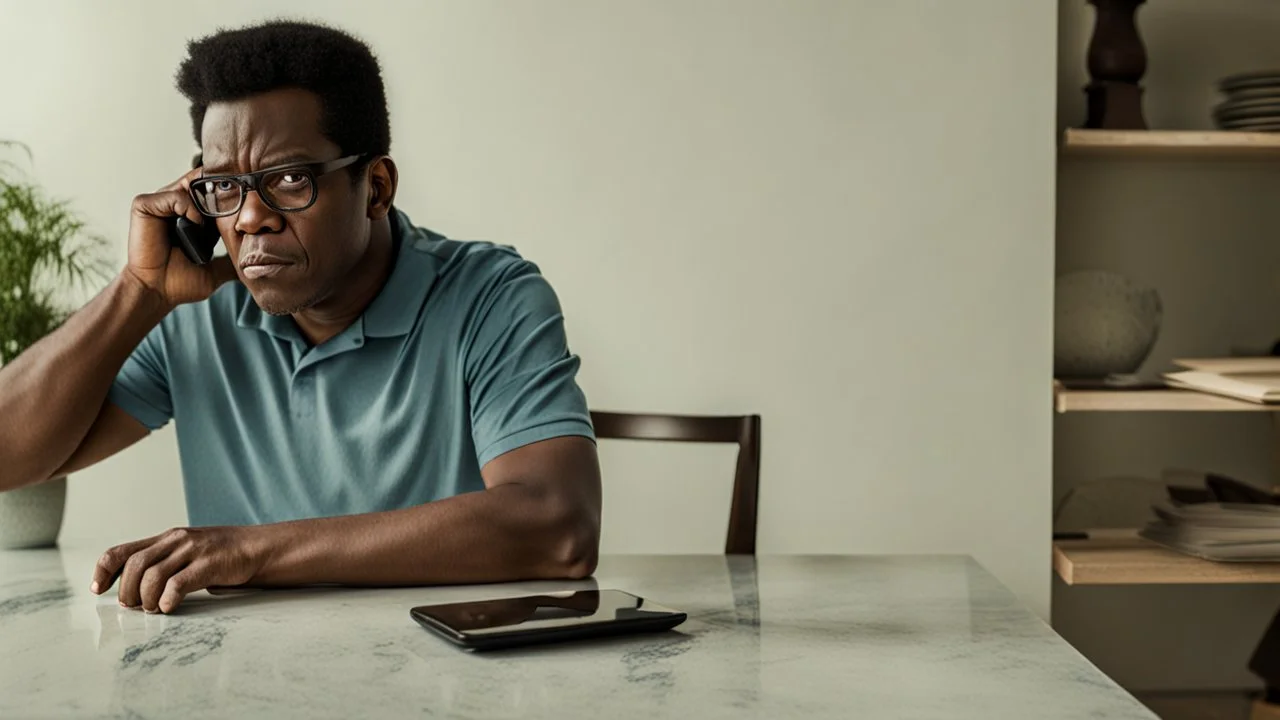 angry guy on phone at incomplete table next to marble tabletop