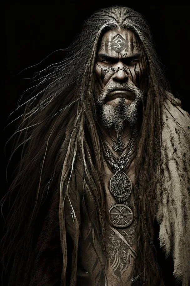 old long haired warrior with tribal tattoos and cloak