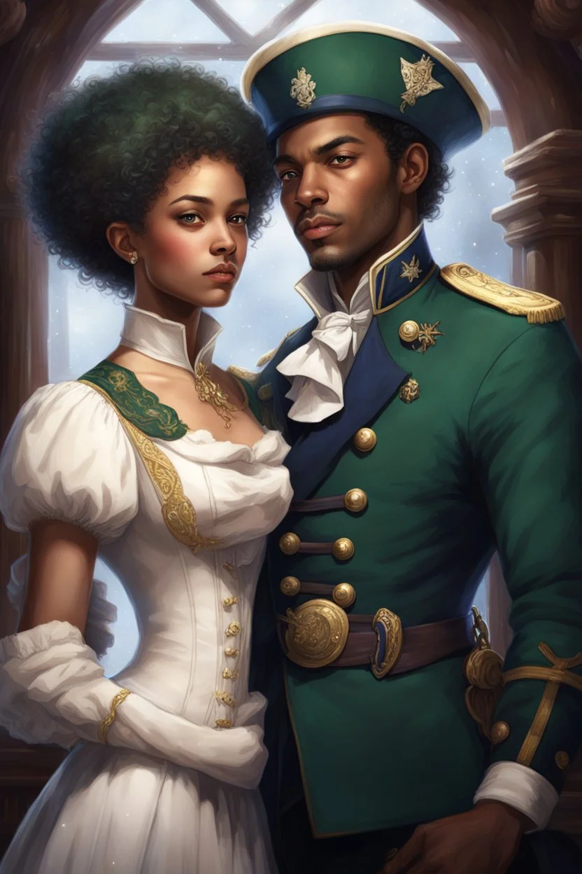 In the cabin of an ancient ship, a 31-year-old mulatto human sorcerer stands out with his bright green eyes and snow-white curls falling to his shoulders. He wears an elegant Victorian naval officer's uniform that highlights his athletic figure, as he romantically embraces a beautiful 29-year-old elf woman. She has deep-set brown eyes, long, wavy black hair tied in two elegant braids, and wears elven diplomatic attire with gold details. The setting features dark wood furniture, nautical maps, an