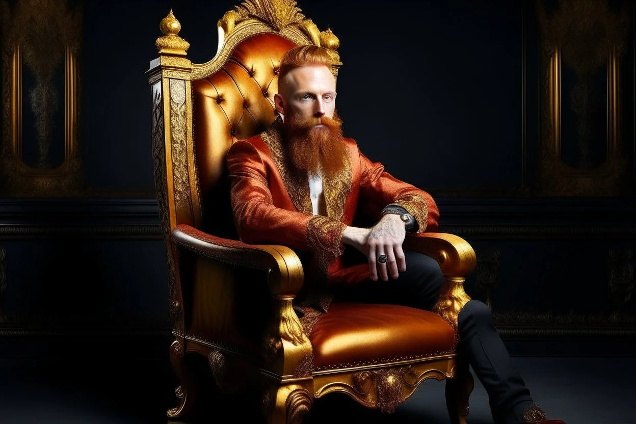 man with red beard sitting in a gothic armchair, golden armrests with trim