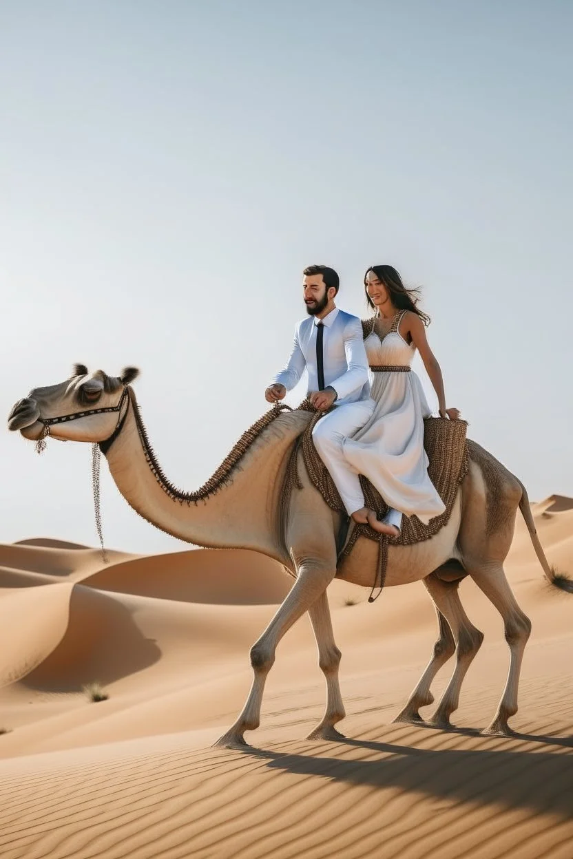 A just married couple riding a camel in the desert