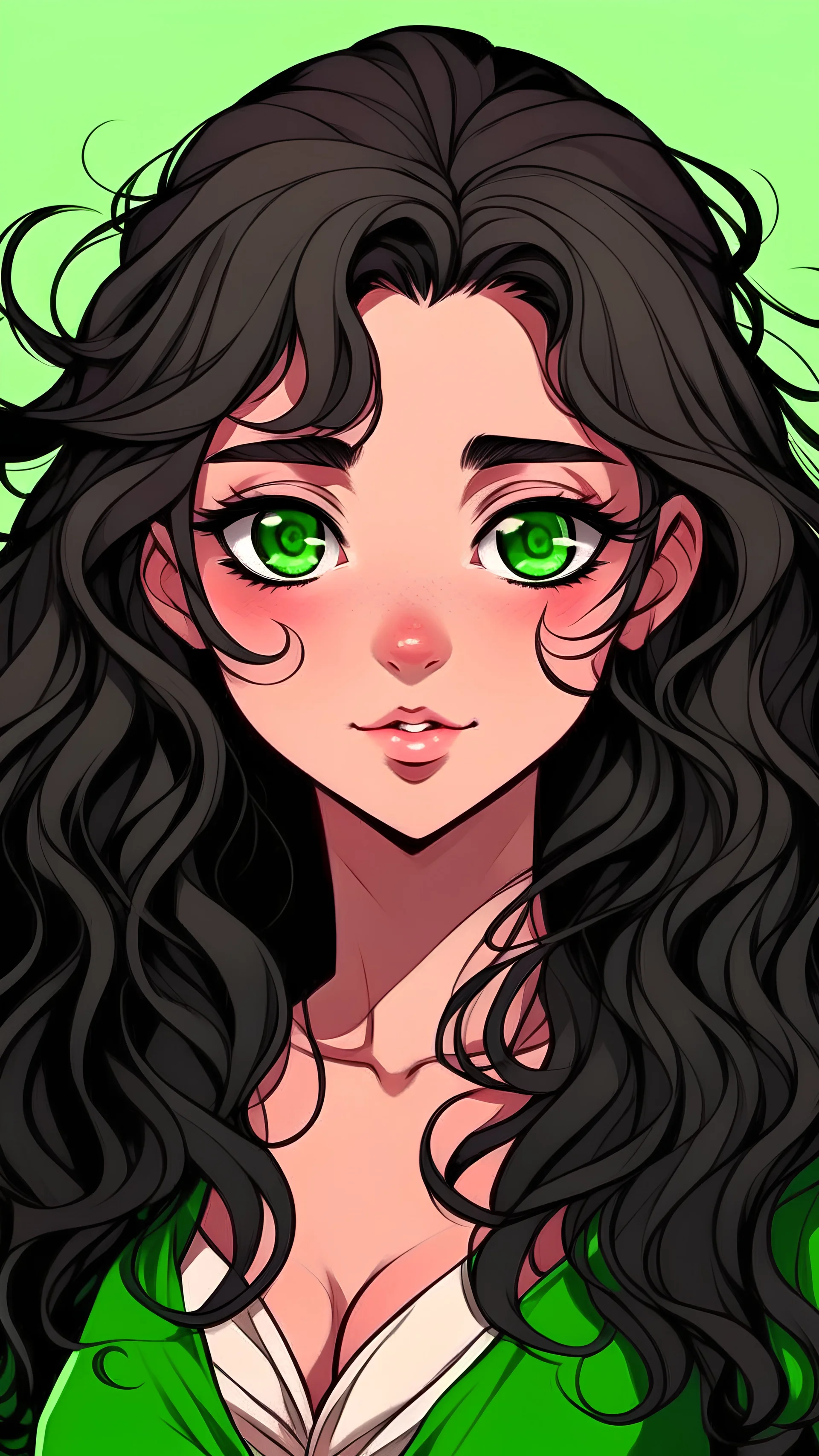 anime girl with dark skin that has long curly black hair and green eyes