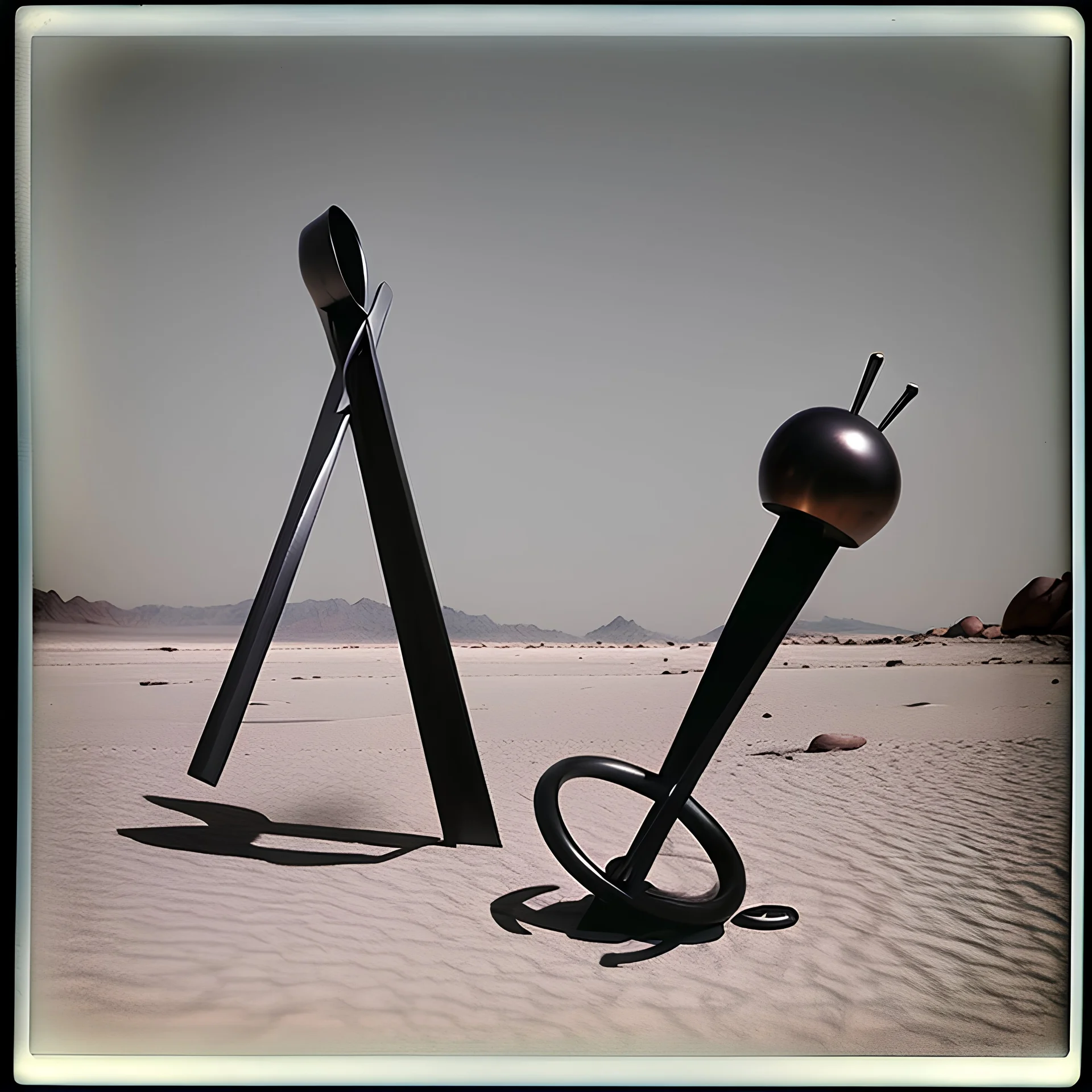 Odd spindle-shaped objects scattered over an arid surface, nothingness, polaroid, in Yves Tanguy style