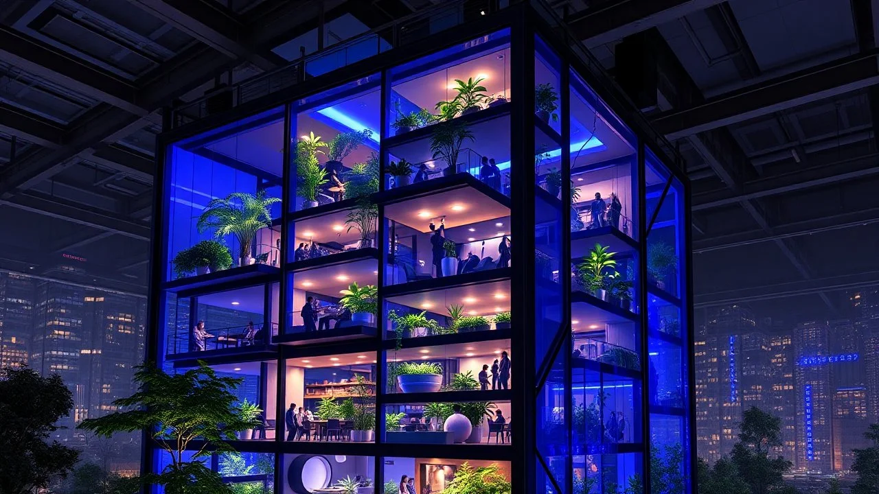 Cubic structure of steel and deep blue tinted glass, modular living spaces suspended inside, indigo light cascades through ceiling windows, residents going about their daily lives in multifunctional environments, vertical gardens illuminated with blue light, eco-futuristic style