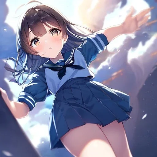 Clear focus,High resolution,High quality, An anime girl,Sailor uniform, falling down from the sky